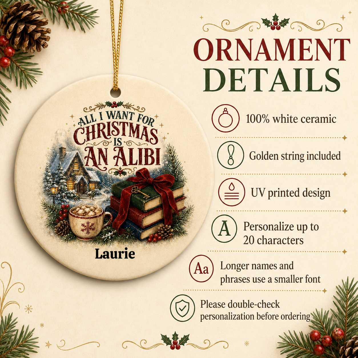 Mystery Reader Christmas Ornament, All I Want for Christmas Is an Alibi, Book Lover Holiday Decor, Personalized Family Tree Gift Idea