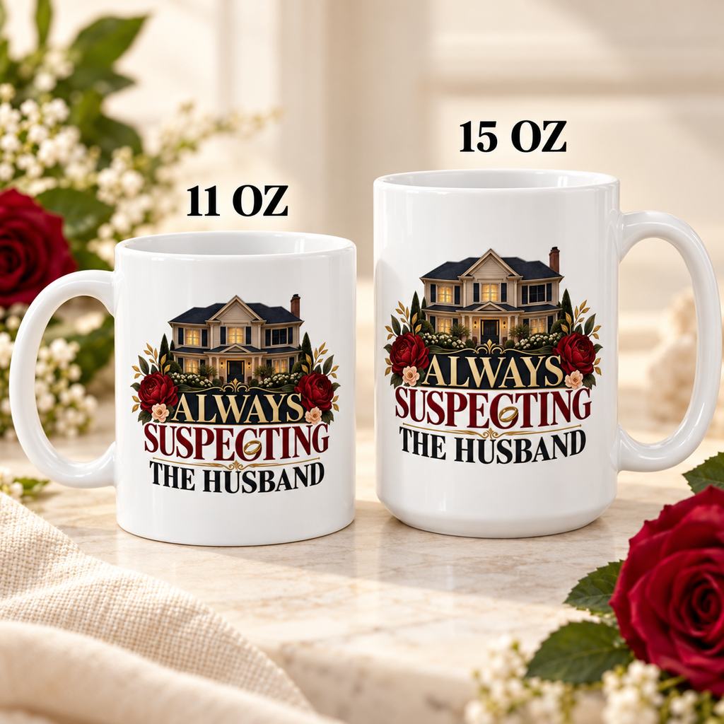 White 11 oz and 15 oz mugs side by side near red roses, both with a house, floral artwork and “Always Suspecting the Husband” in gold, burgundy and black.