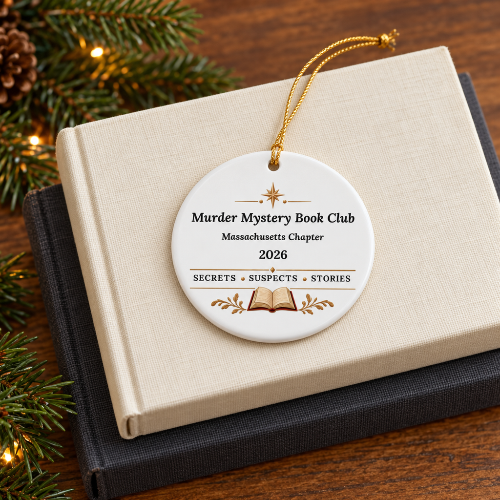 White round book club ornament on stacked cream and dark books beside evergreen branches; black lettering reads “Murder Mystery Book Club,” “Massachusetts Chapter,” “2026” and “Secrets • Suspects • Stories.”
