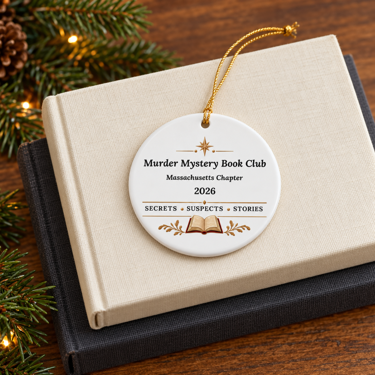 White round book club ornament on stacked cream and dark books beside evergreen branches; black lettering reads “Murder Mystery Book Club,” “Massachusetts Chapter,” “2026” and “Secrets • Suspects • Stories.”