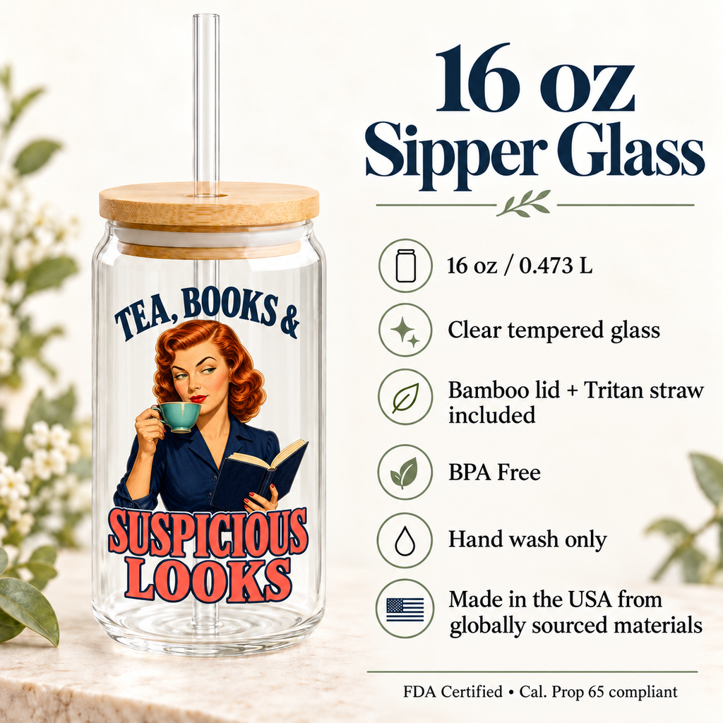 16 oz / 0.473 L sipper guide: clear tempered glass, bamboo lid and Tritan straw, BPA free, hand wash only; made in USA from globally sourced materials. Footer: FDA Certified, Cal. Prop 65 compliant.