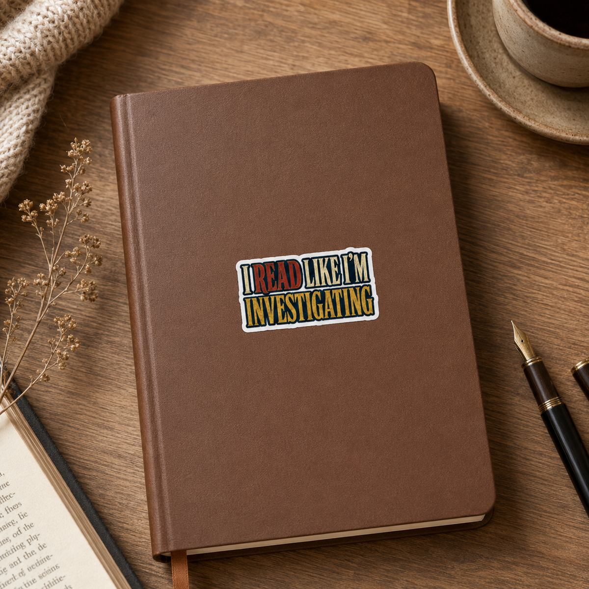 “I Read Like I’m Investigating” sticker with red, cream, and gold block lettering, shown on a brown journal.