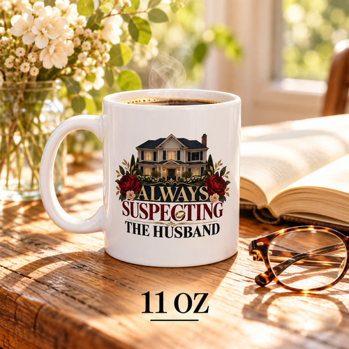 White 11 oz mug of coffee beside an open book, glasses and flowers, with a house, red roses and “Always Suspecting the Husband” in gold, burgundy and black lettering.
