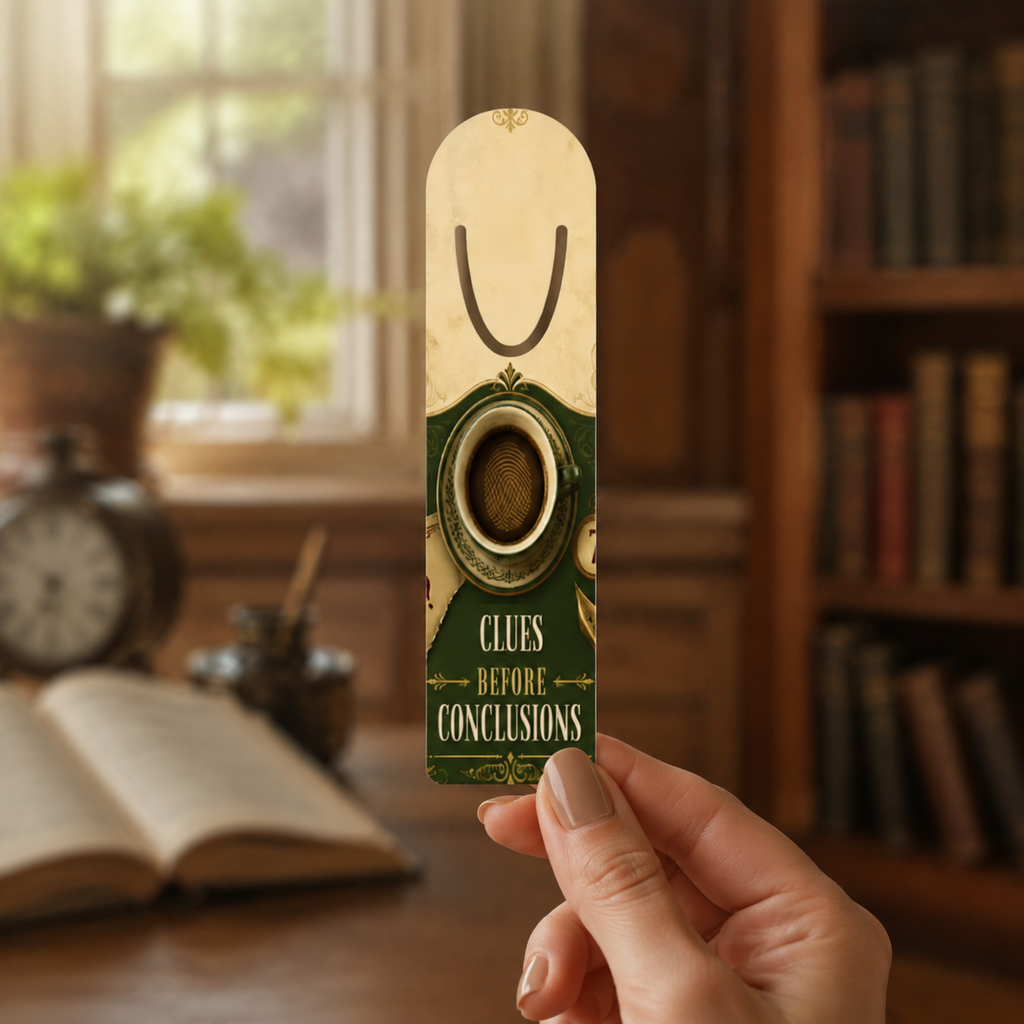 Hand holding a cream-and-dark-green aluminum page-holder bookmark featuring a fingerprint in a coffee mug and the words “Clues Before Conclusions” in a library.