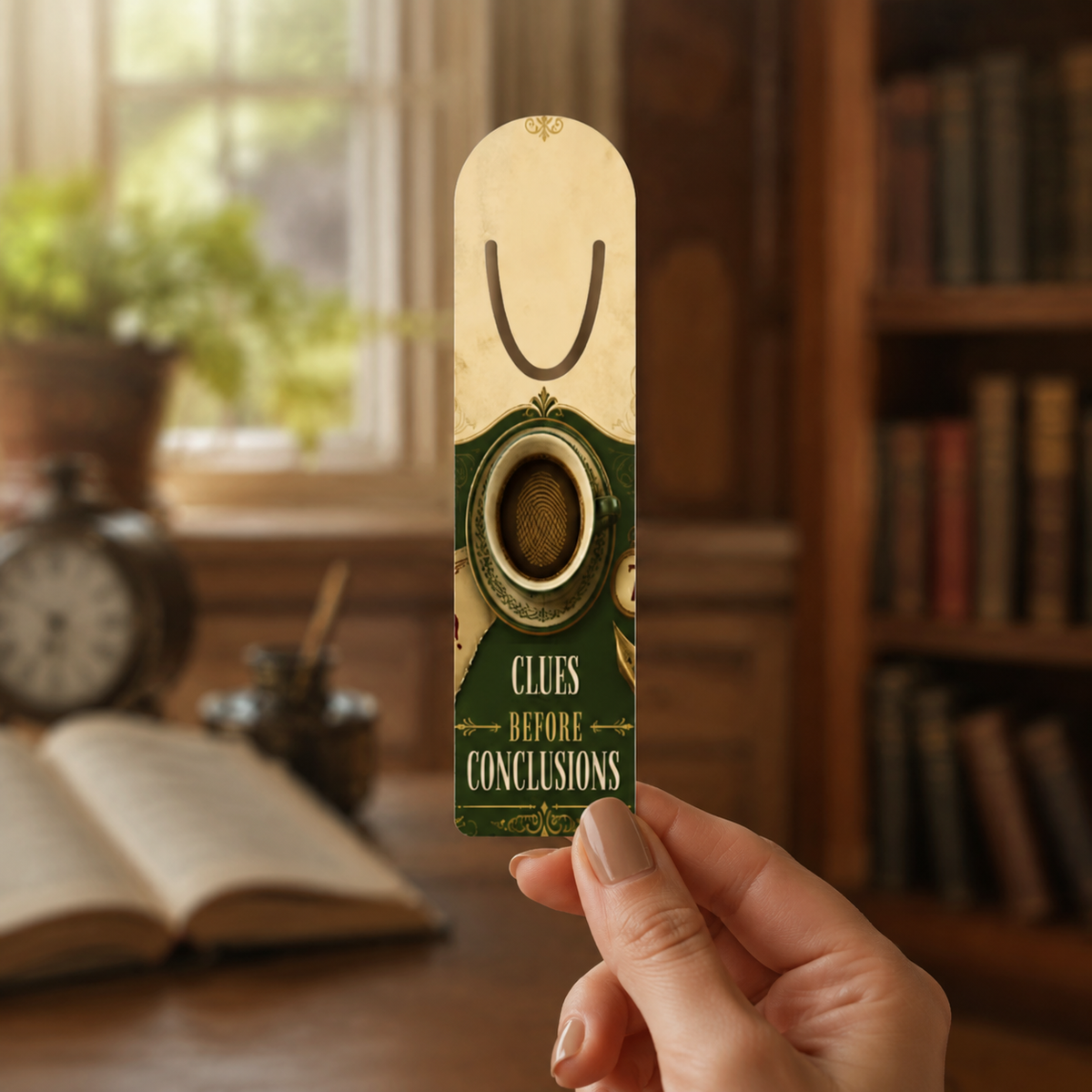 Hand holding a cream-and-dark-green aluminum page-holder bookmark featuring a fingerprint in a coffee mug and the words “Clues Before Conclusions” in a library.