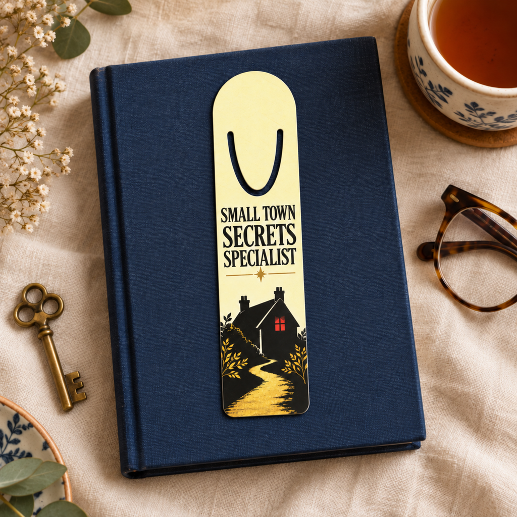 Gold-toned aluminum page-holder bookmark reading “Small Town Secrets Specialist,” with a winding path to a black house with a red-lit window, on a navy book.