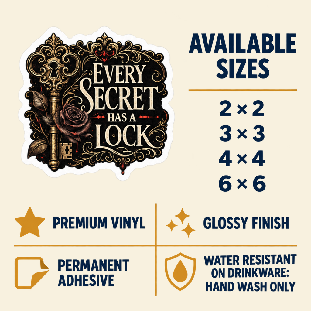 Size and care guide for the “Every Secret Has a Lock” sticker: 2 × 2, 3 × 3, 4 × 4, and 6 × 6 inches; premium vinyl, glossy finish, permanent adhesive, water resistant; hand wash only on drinkware.