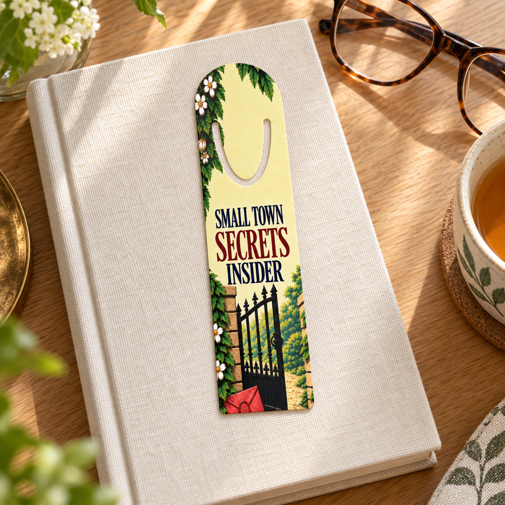 “Small Town Secrets Insider” bookmark with garden gate, flowers, and red envelope resting on a cream clothbound book beside glasses and tea.