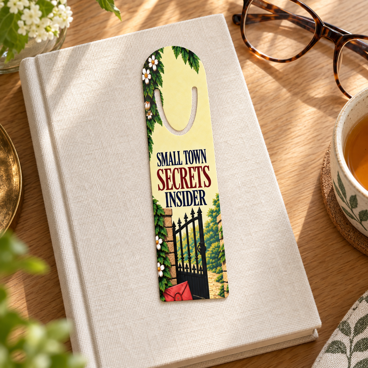 “Small Town Secrets Insider” bookmark with garden gate, flowers, and red envelope resting on a cream clothbound book beside glasses and tea.