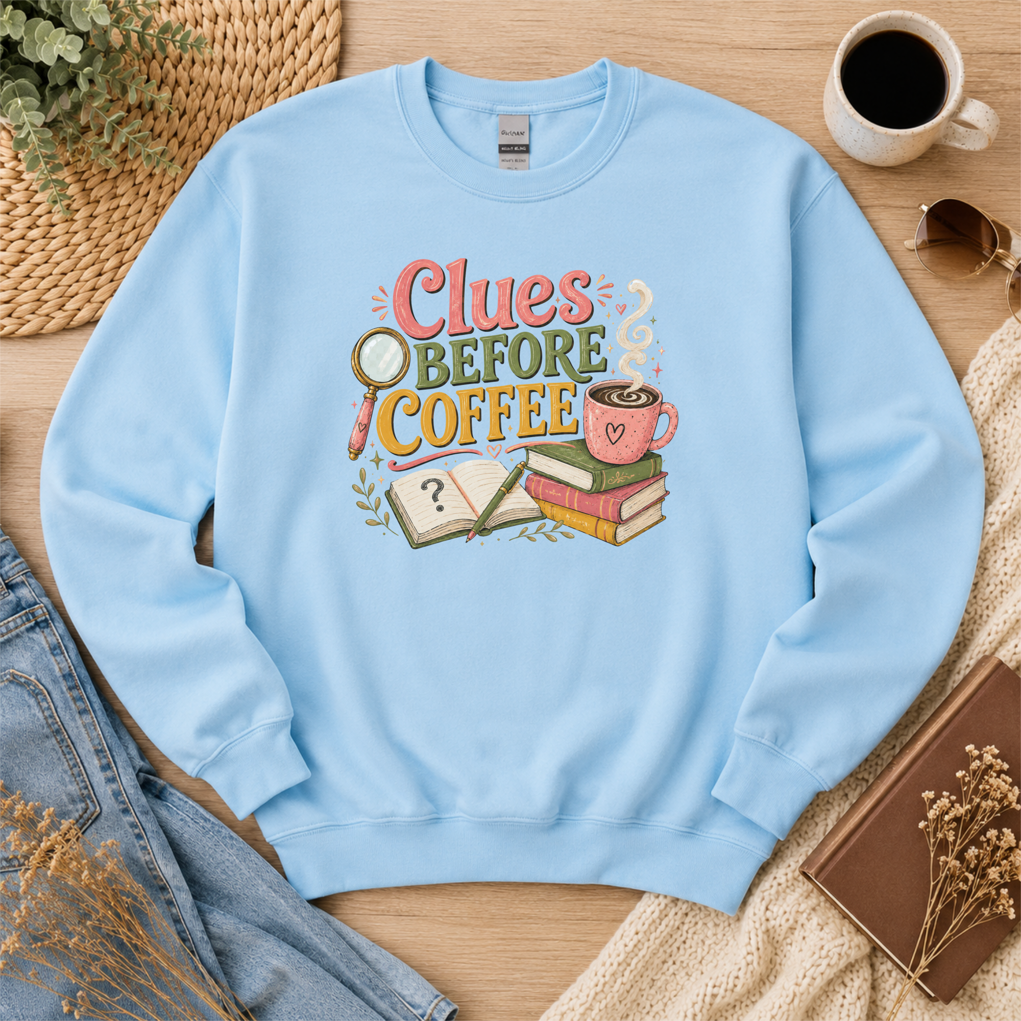 Clues Before Coffee Sweatshirt, Mystery Reader Sweatshirt, Cozy Mystery Gift, Book Lover Crewneck, Detective Reader Apparel
