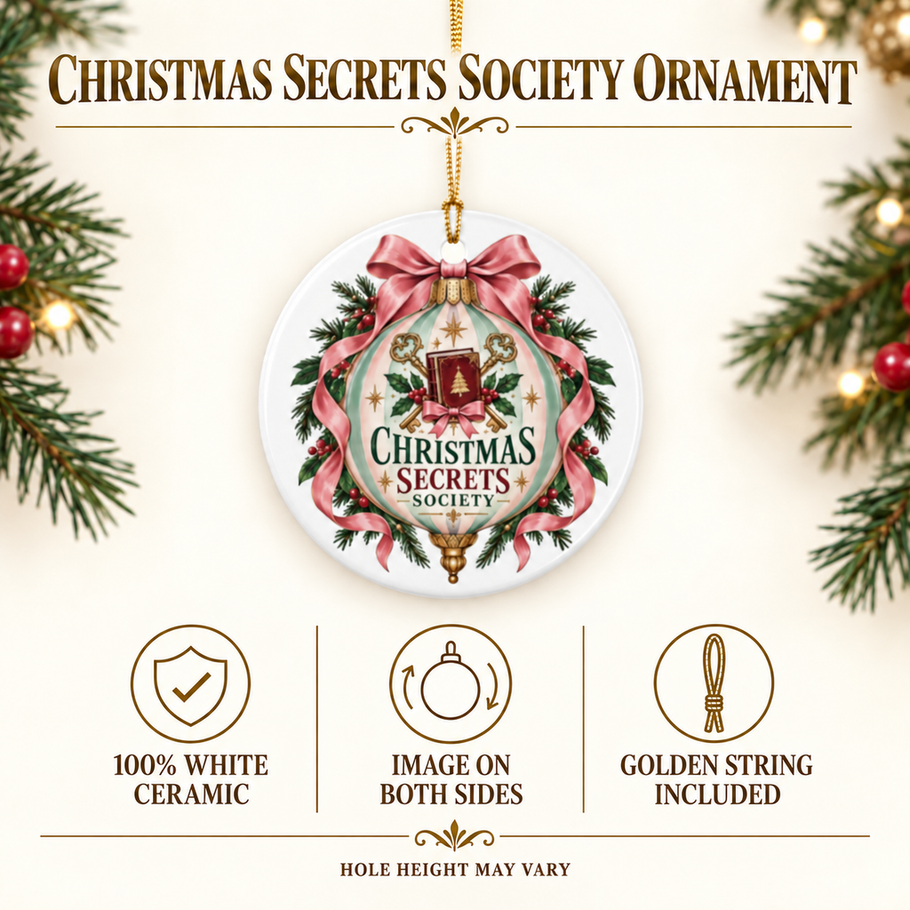 Product details for the “Christmas Secrets Society” ornament: 100% white ceramic, image on both sides, golden hanging string included. Hanging-hole height may vary.