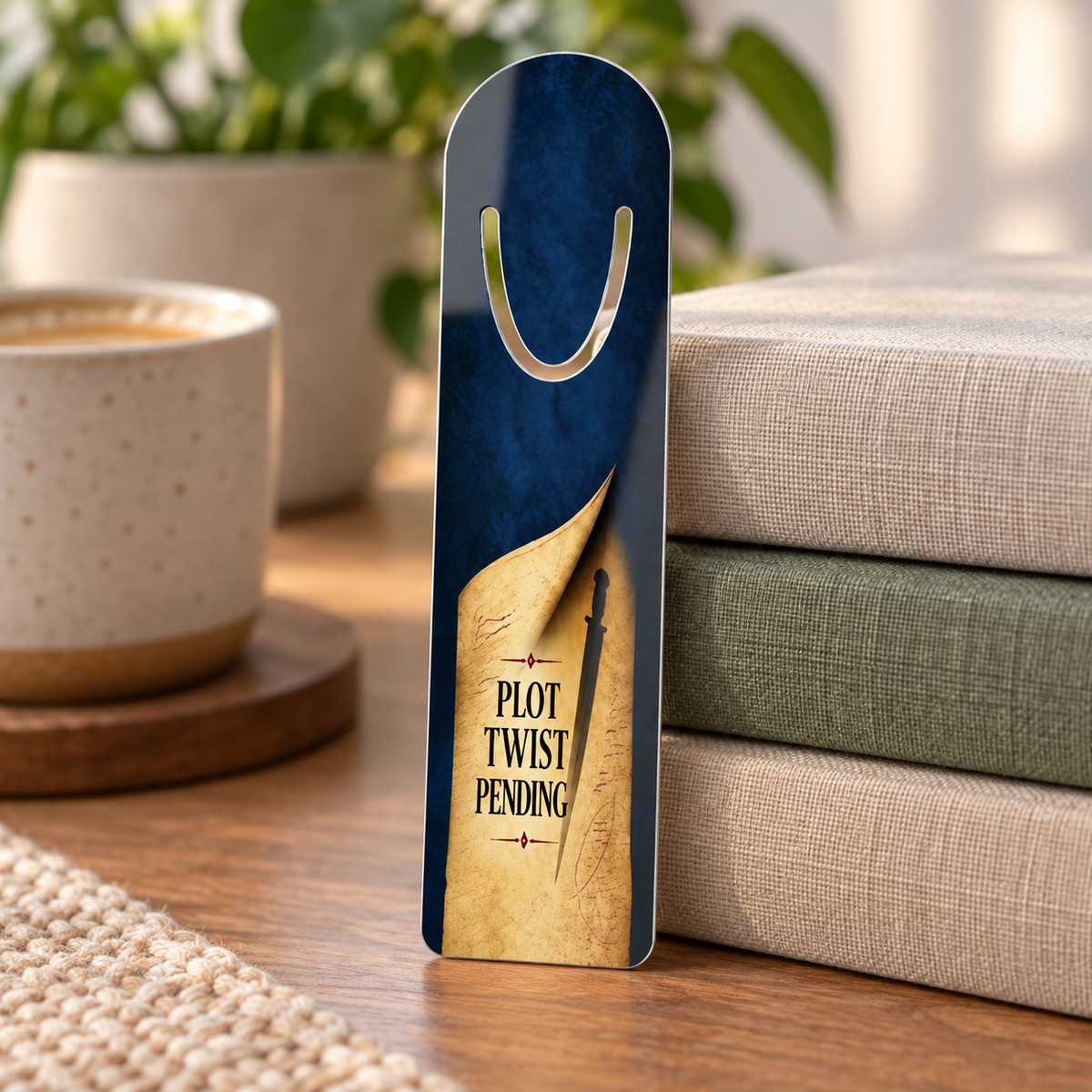 Navy “Plot Twist Pending” bookmark with curled parchment and dagger silhouette artwork propped beside a stack of neutral clothbound books.