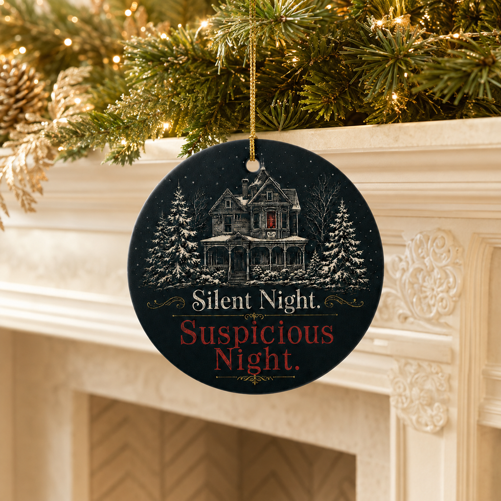 Suspicious Night Christmas Ornament, Mystery Reader Gift, Dark Academia Holiday Decor, Gothic Manor Tree Ornament for Thriller Fans