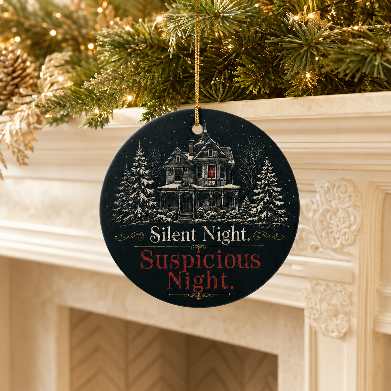 Suspicious Night Christmas Ornament, Mystery Reader Gift, Dark Academia Holiday Decor, Gothic Manor Tree Ornament for Thriller Fans