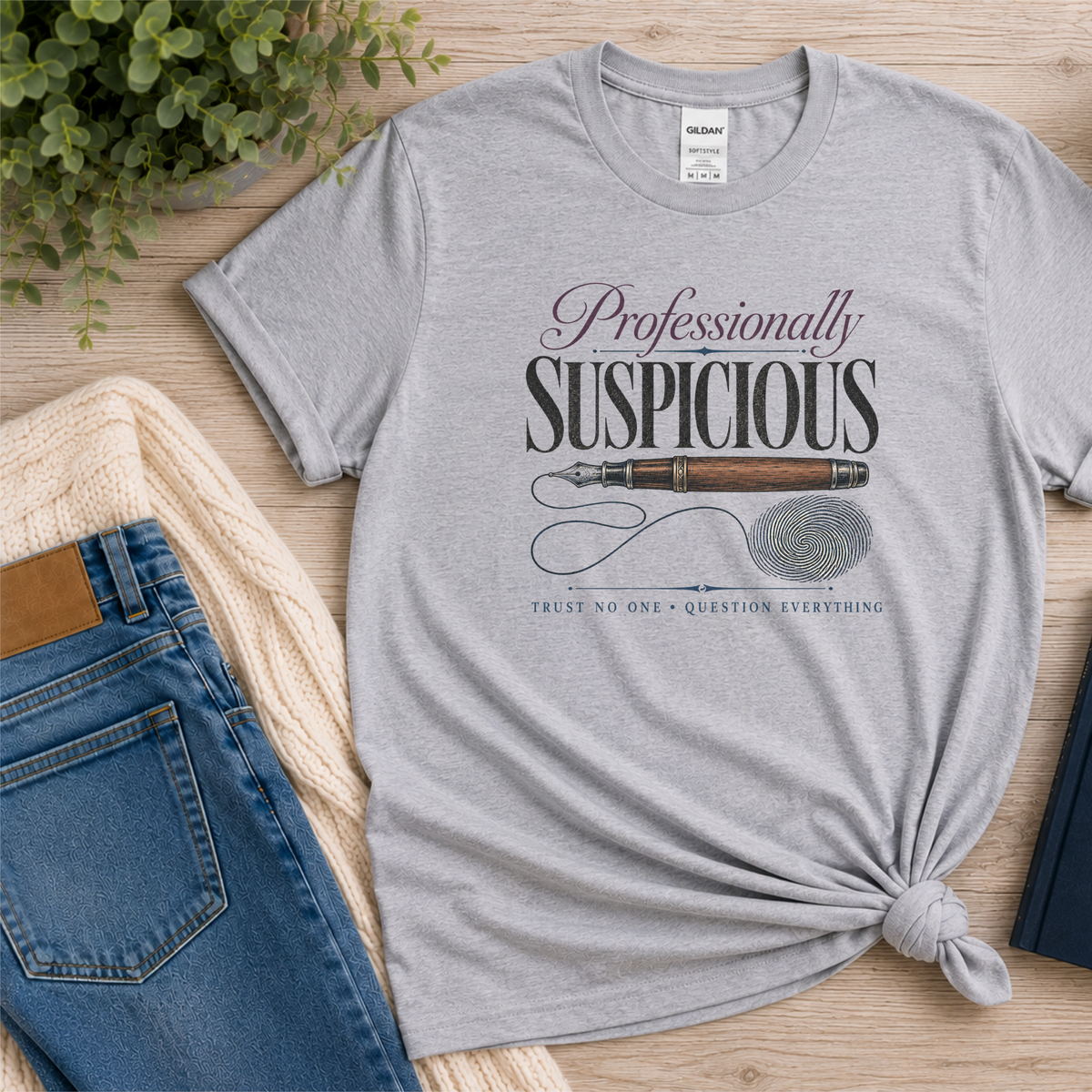 Sport gray T-shirt laid flat with a fountain pen and fingerprint and the words “Professionally Suspicious. Trust No One. Question Everything.”