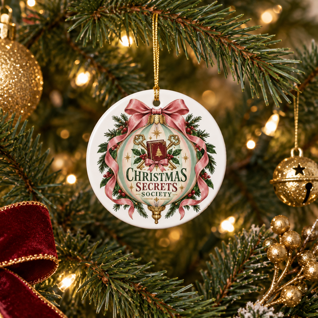 Christmas Secrets Society ceramic ornament featuring pink ribbon, evergreen branches, crossed antique keys and a red book, hanging on a Christmas tree with red and gold decorations.
