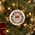 Christmas Secrets Society ceramic ornament featuring pink ribbon, evergreen branches, crossed antique keys and a red book, hanging on a Christmas tree with red and gold decorations.