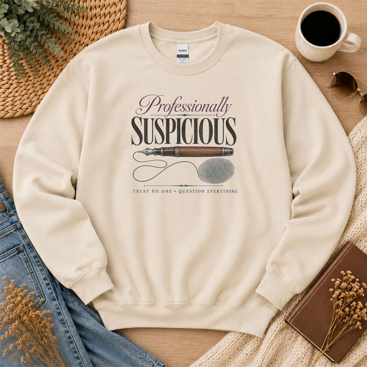 Sand crewneck sweatshirt laid flat with a fountain pen and fingerprint and the words “Professionally Suspicious. Trust No One. Question Everything.”