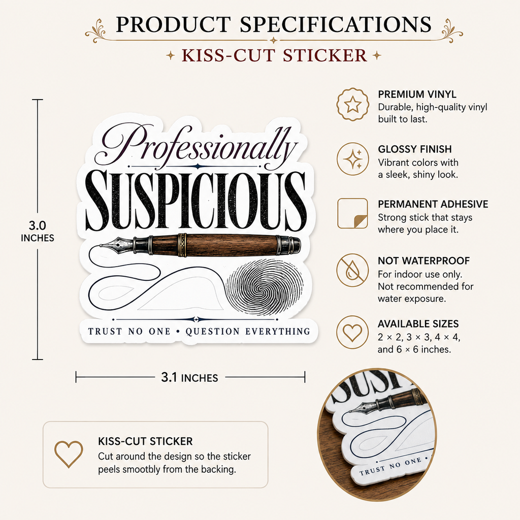 Professionally Suspicious Sticker, Mystery Reader Decal, Detective Bookish Sticker, Trust No One Laptop or Journal Decor, Crime Lover Gift