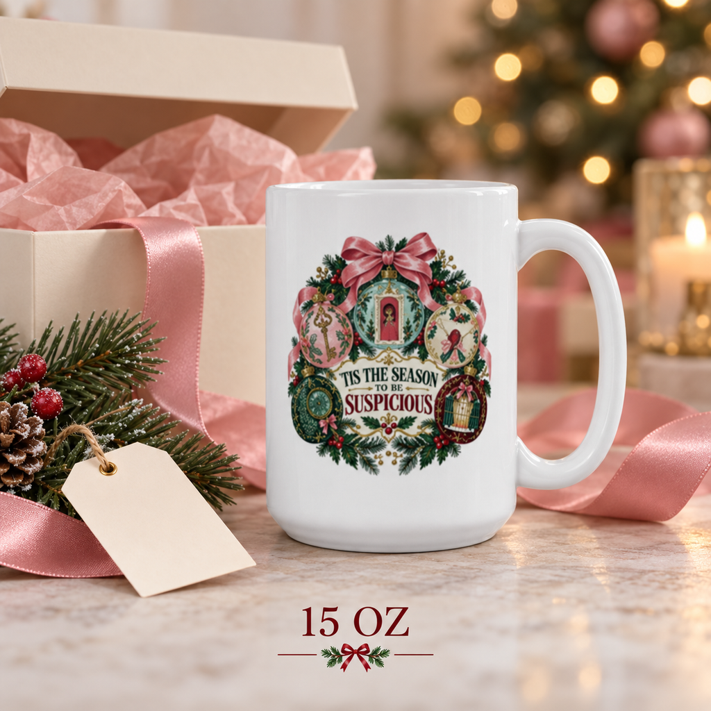 15-ounce “’Tis the Season to Be Suspicious” mug beside an open gift box with pink tissue and ribbon, evergreen branches, pinecone and blank gift tag.