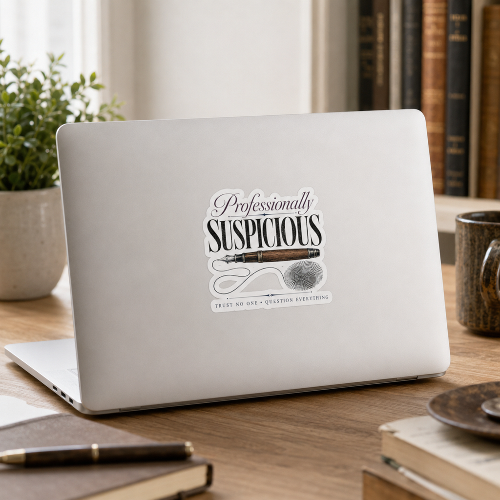 Professionally Suspicious Sticker, Mystery Reader Decal, Detective Bookish Sticker, Trust No One Laptop or Journal Decor, Crime Lover Gift