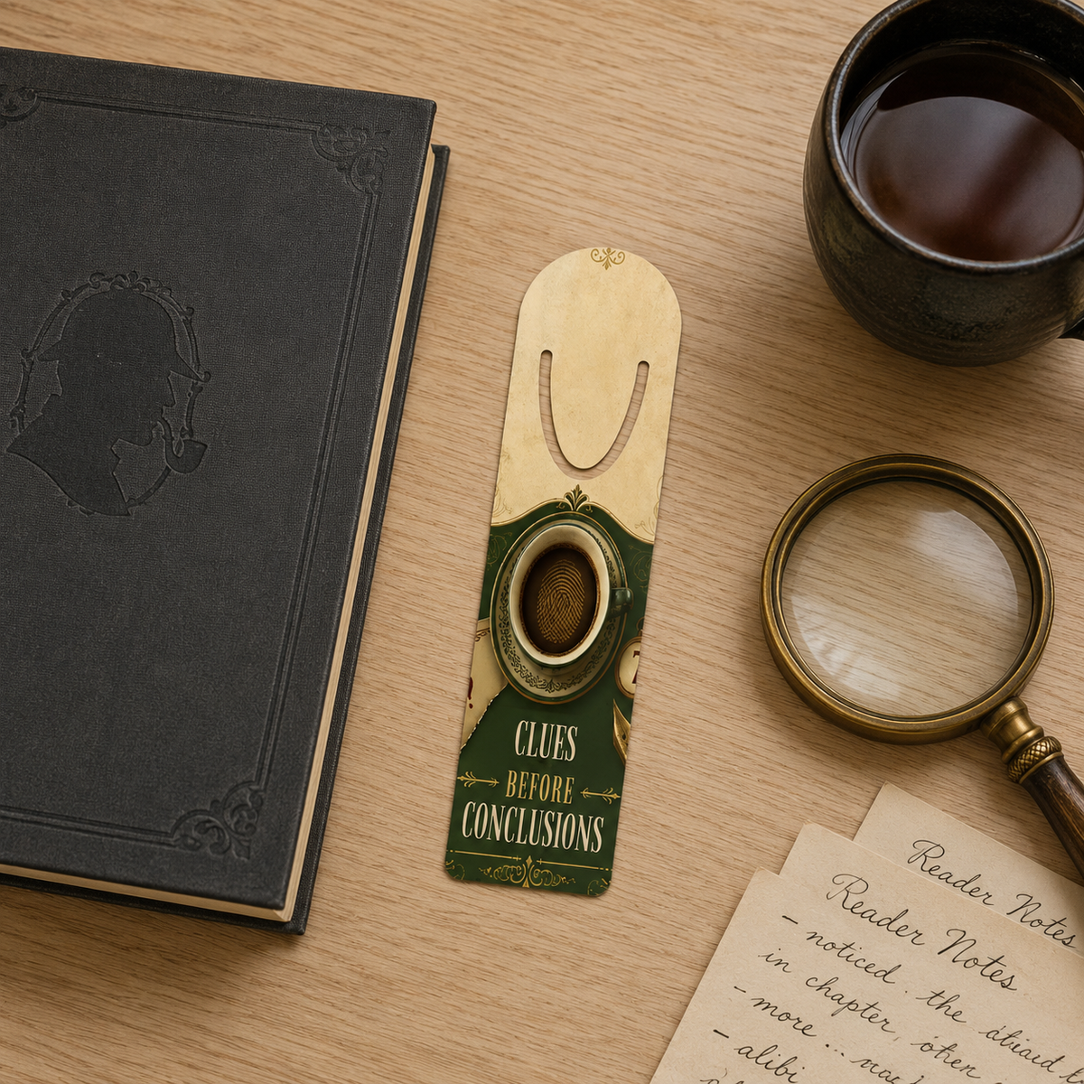 Cream-and-green “Clues Before Conclusions” bookmark on a wooden desk beside a black book, tea, magnifying glass, and handwritten reader notes.