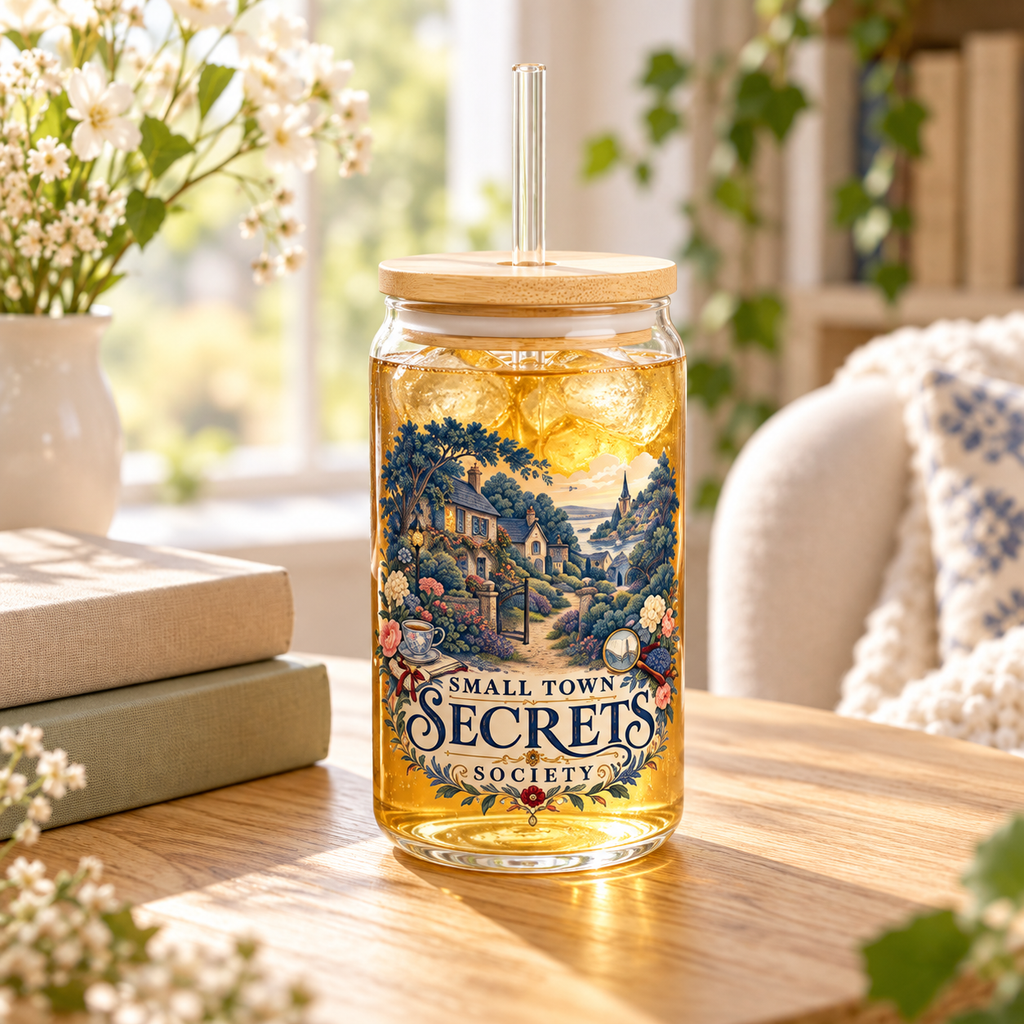 Glass sipper with an amber iced drink, bamboo lid and clear straw beside books and flowers; blue-green cottages, a teacup and magnifying glass frame “Small Town Secrets Society” lettering.
