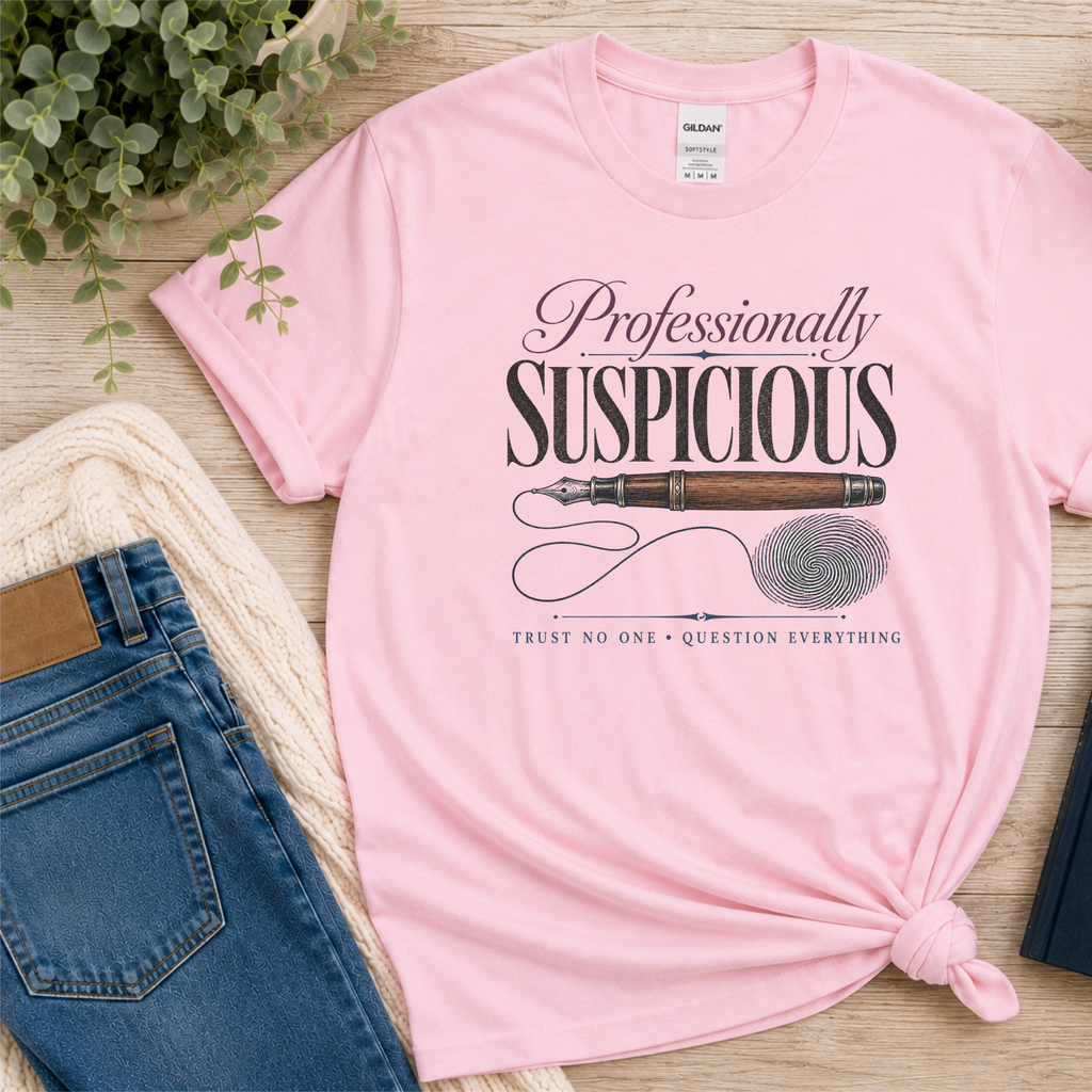Professionally Suspicious Shirt, Mystery Reader Tee, Crime Fiction Shirt, Detective Book Lover Gift, Suspicious Minds T-Shirt Gift