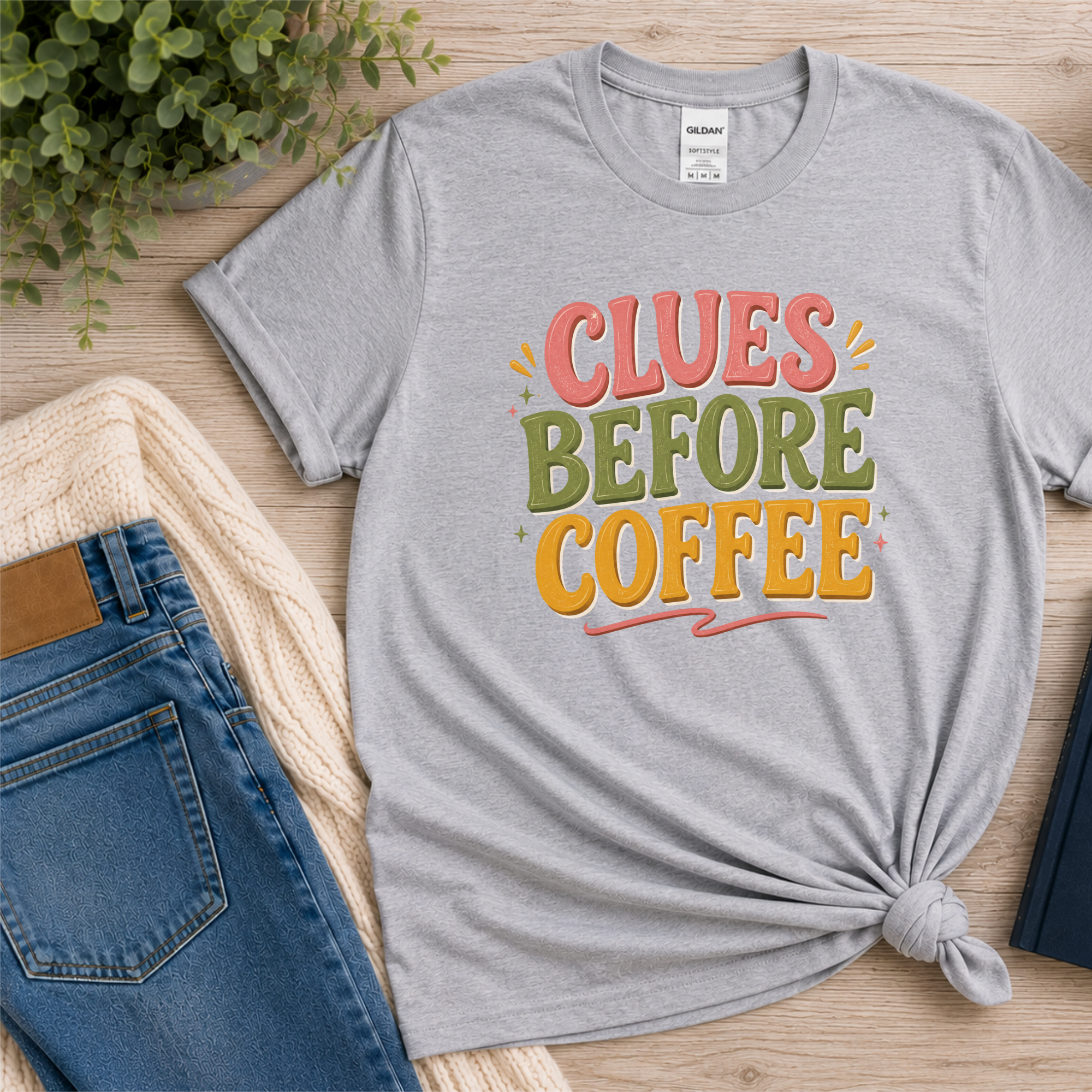 Clues Before Coffee Shirt, Mystery Reader T Shirt, Cozy Mystery Book Lover Gift, Detective Fiction Tee, Whimsical Bookish Graphic Tee
