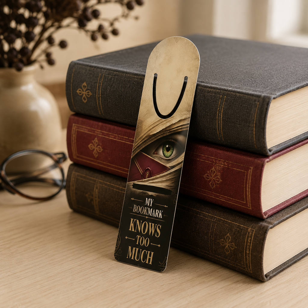 “My Bookmark Knows Too Much” aluminum bookmark with a green eye between book pages propped against stacked antique-style books.