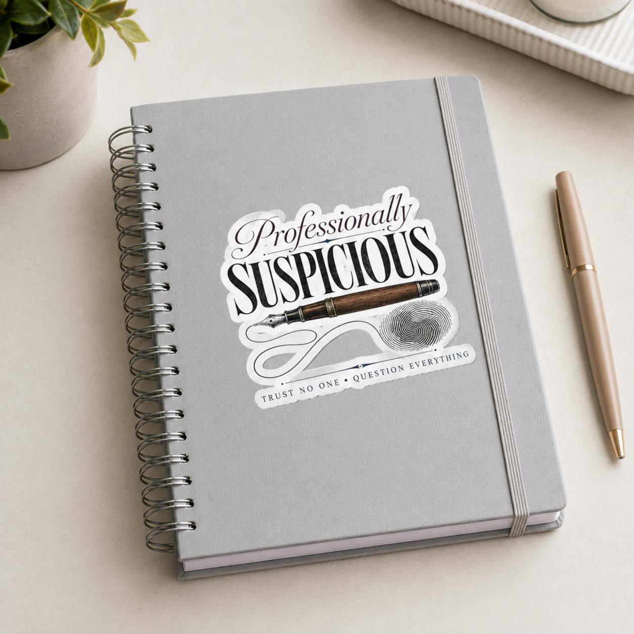 Professionally Suspicious Sticker, Mystery Reader Decal, Detective Bookish Sticker, Trust No One Laptop or Journal Decor, Crime Lover Gift