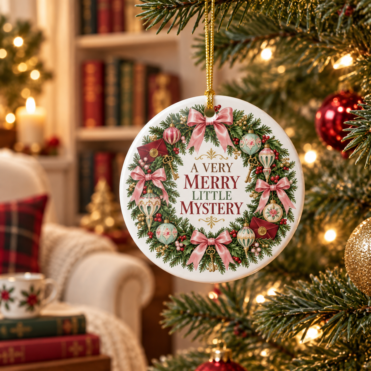 “A Very Merry Little Mystery” ornament hanging on a glowing Christmas tree in a cozy reading room with a fireplace, bookshelf and stacked books.
