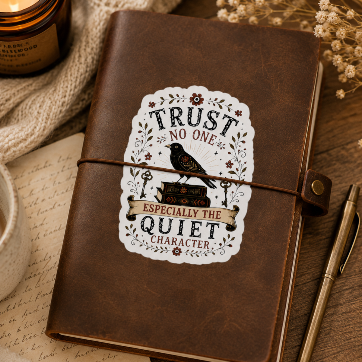 “Trust No One, Especially the Quiet Character” sticker with a black bird on stacked books, keys, and a floral border, shown on a brown journal.