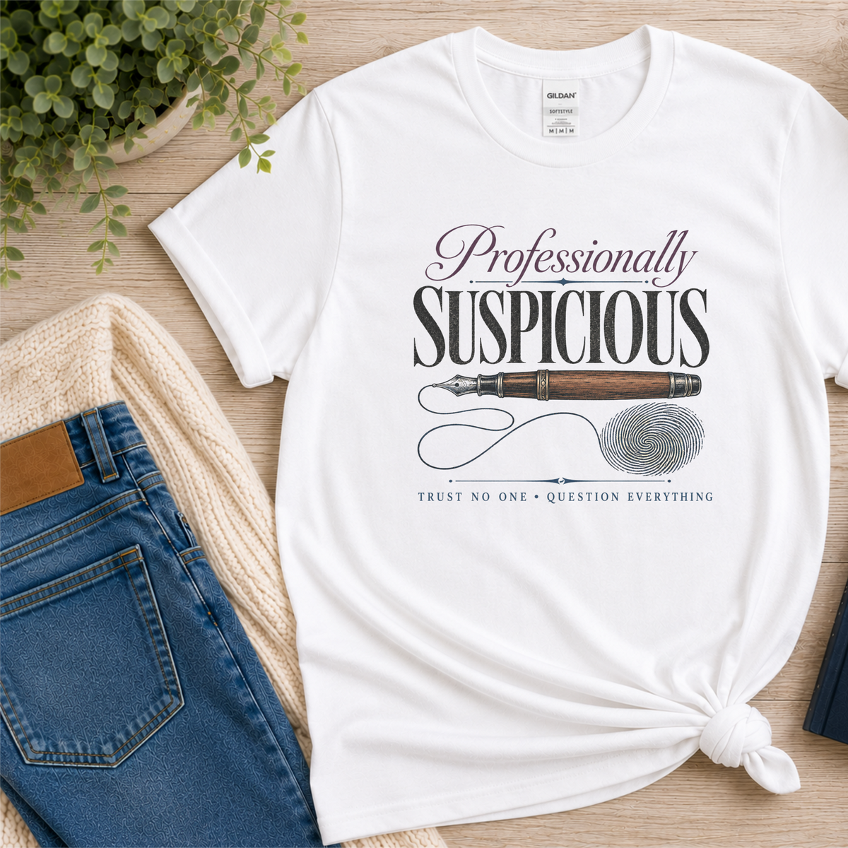 White T-shirt laid flat with a fountain pen and fingerprint and the words “Professionally Suspicious. Trust No One. Question Everything.”