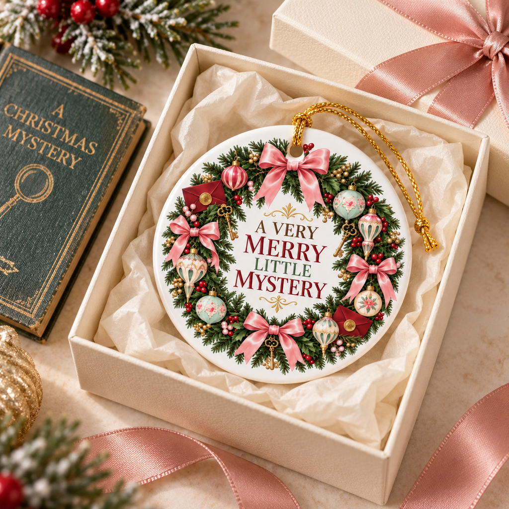 “A Very Merry Little Mystery” ornament presented in an open gift box with tissue paper, pink ribbon, evergreen branches and a vintage mystery book.