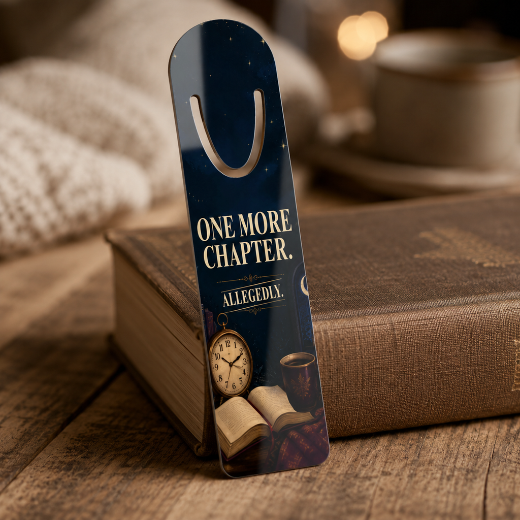 Navy “One More Chapter. Allegedly.” bookmark with clock, open book, and warm drink artwork propped against a book.