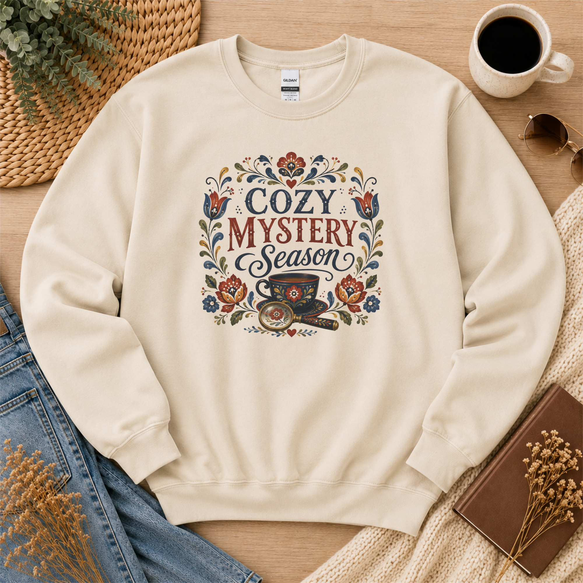 Cozy Mystery Season Sweatshirt, Book Lover Sweatshirt, Cozy Mystery Gift, Folk Art Bookish Sweatshirt