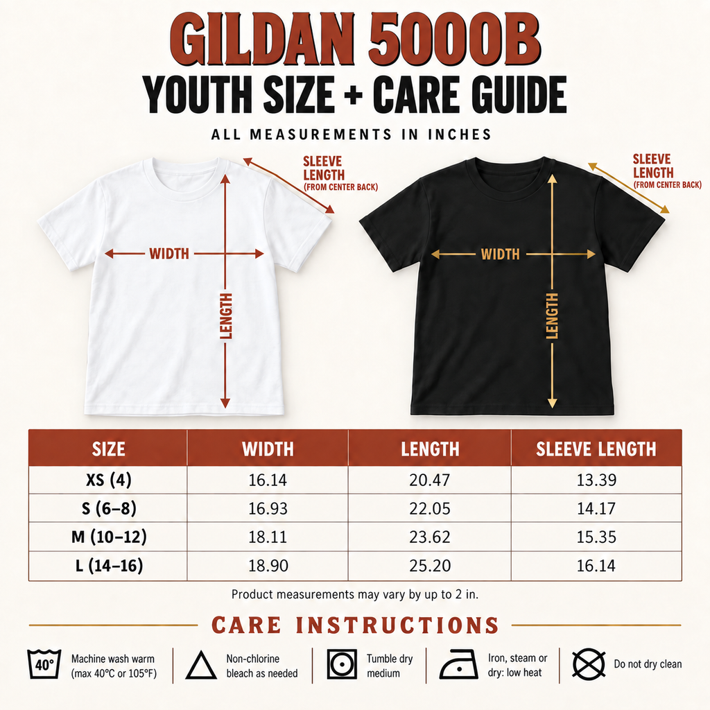 Gildan 5000B youth size and care guide. Width × length × sleeve length in inches: XS (4) 16.14 × 20.47 × 13.39; S (6–8) 16.93 × 22.05 × 14.17; M (10–12) 18.11 × 23.62 × 15.35; L (14–16) 18.90 × 25.20 × 16.14. Sleeve measured from center back. Measurements may vary by up to 2 inches. Wash warm, max 40°C/105°F; non-chlorine bleach as needed; tumble dry medium; iron, steam or dry on low heat; do not dry clean.
