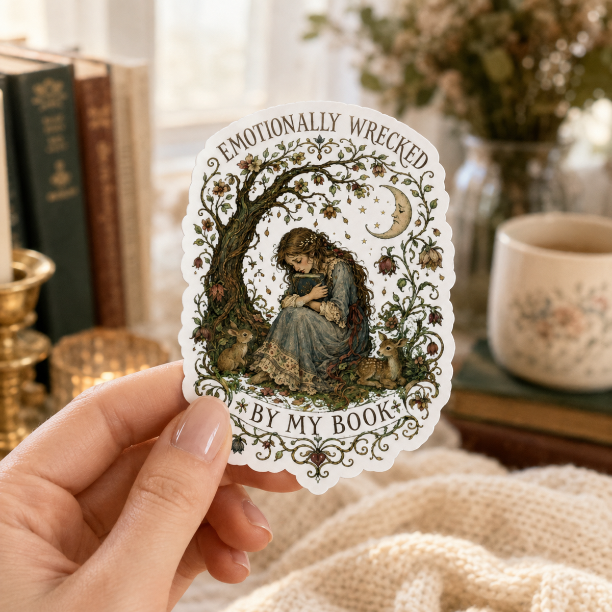 Hand holding a white-bordered sticker reading “Emotionally Wrecked by My Book,” featuring a tearful reader beneath a flowering tree, surrounded by woodland animals, vines, and a crescent moon.