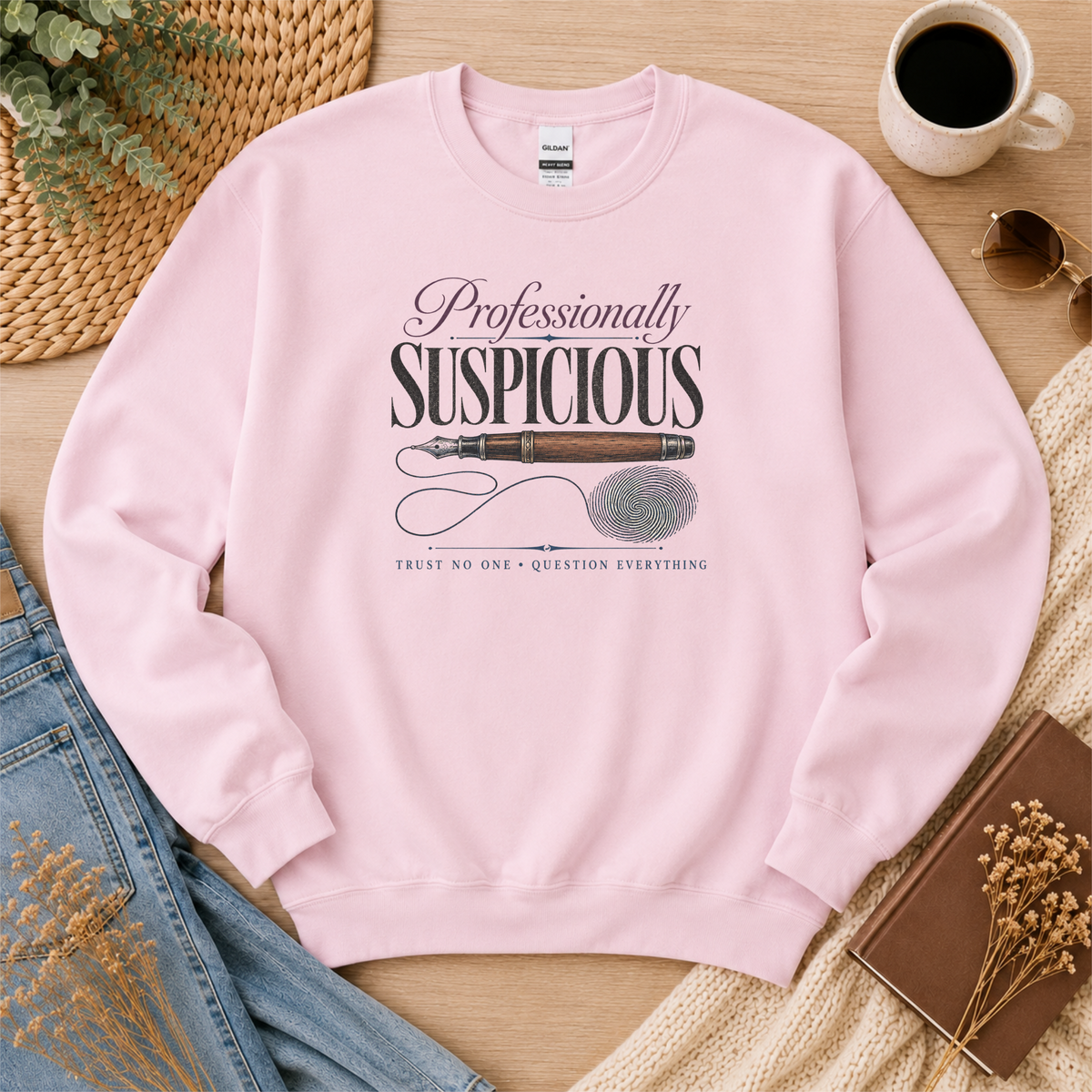 Light pink crewneck sweatshirt laid flat with a fountain pen and fingerprint and the words “Professionally Suspicious. Trust No One. Question Everything.”