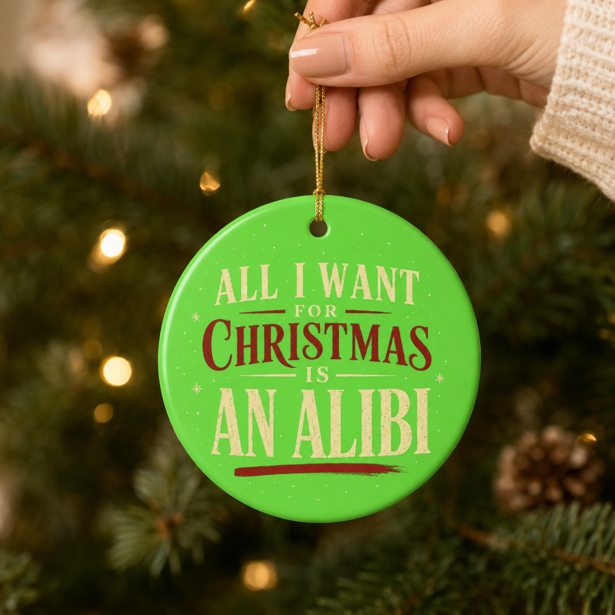 All I Want for Christmas Is an Alibi Ornament, Funny Christmas Ornament, Crime Lover Gift, Green Holiday Tree Decor, Bookish Gift Idea