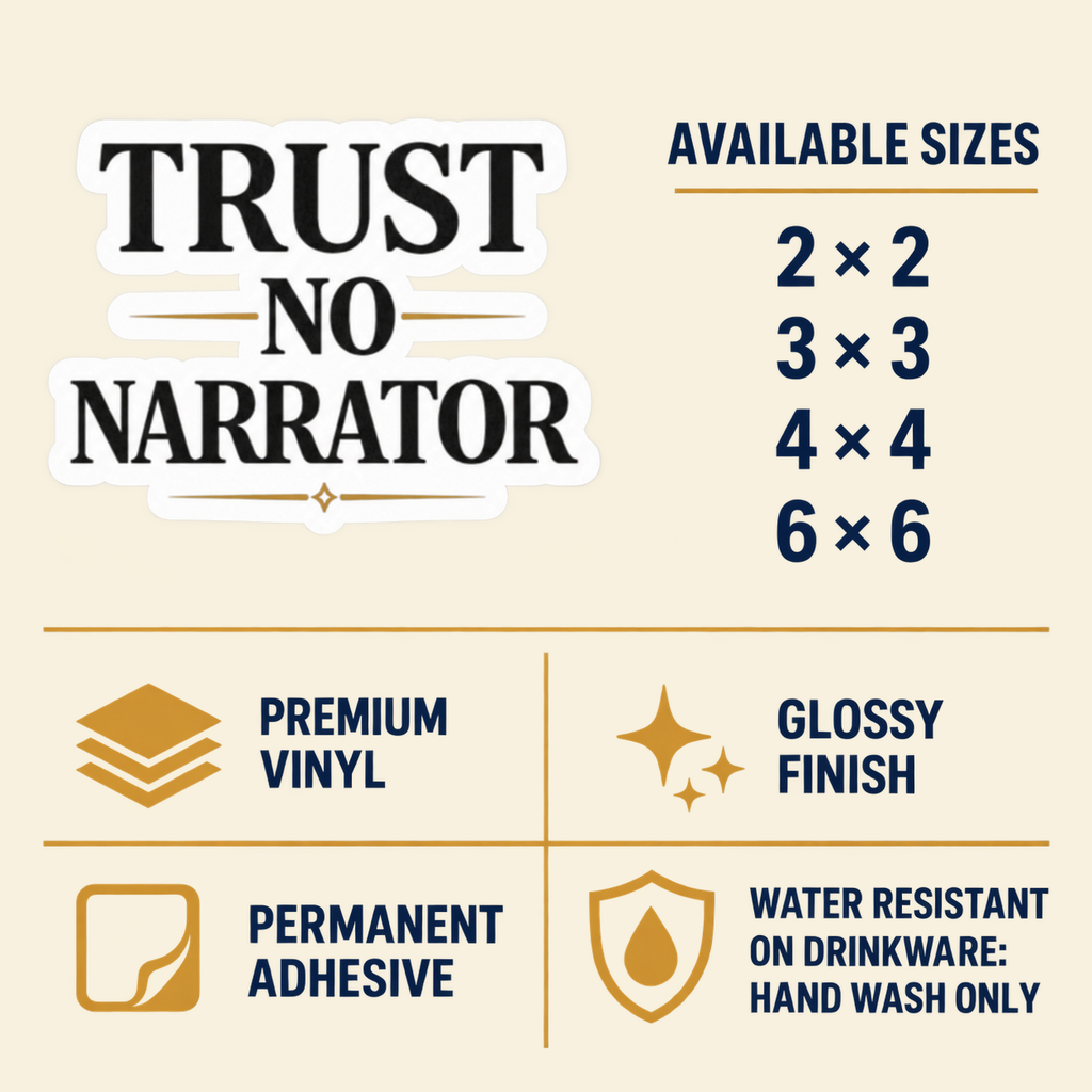 Size and care guide for the “Trust No Narrator” sticker: 2 × 2, 3 × 3, 4 × 4, and 6 × 6 inches; premium vinyl, glossy finish, permanent adhesive, water resistant; hand wash only on drinkware.