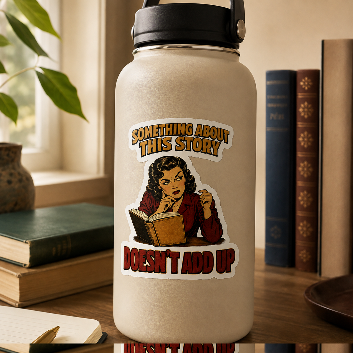 “Something About This Story Doesn’t Add Up” sticker with a retro reader in a red jacket studying an open book, shown on a cream water bottle.