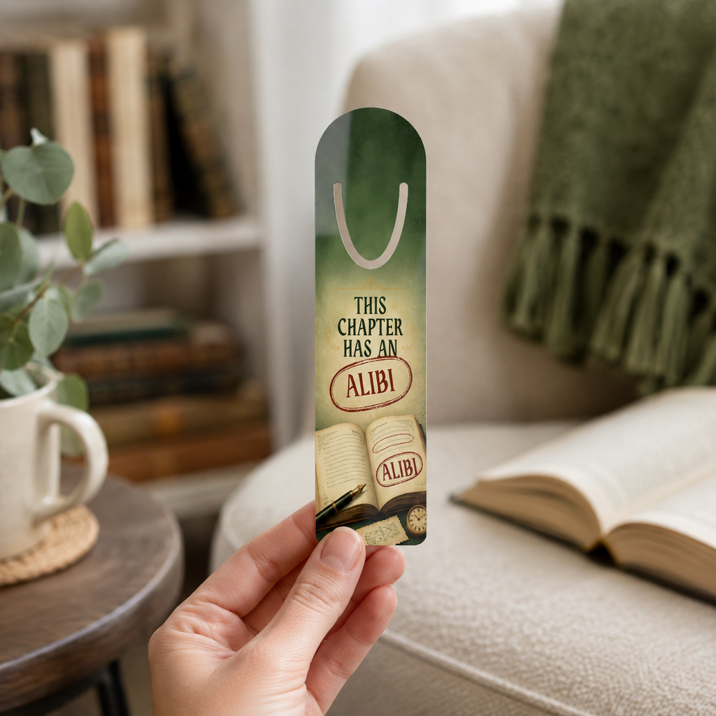 Hand holding the green “This Chapter Has an Alibi” aluminum bookmark in a cozy reading room with an open book and bookcase behind it.