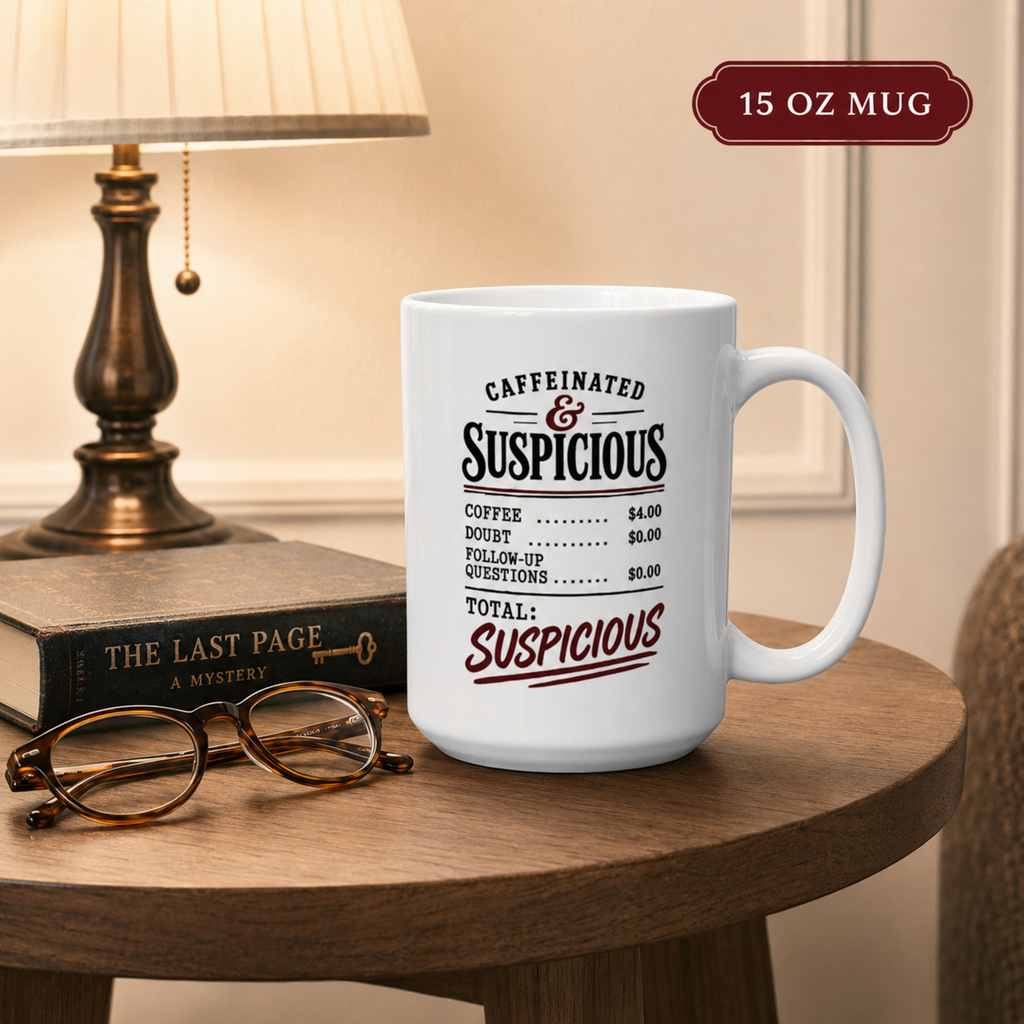 15 oz “Caffeinated & Suspicious” mug on a side table beside a mystery novel, reading glasses, and a lamp.