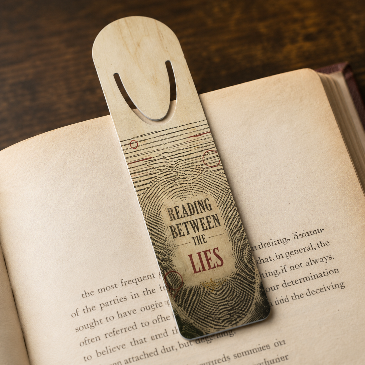 Close-up of the “Reading Between the Lies” aluminum bookmark with fingerprint-pattern lines resting across the pages of an open book.