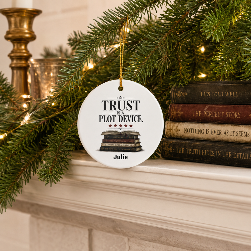 Personalized Book Lover Ornament, Trust Is a Plot Device Ceramic Christmas Ornament, Reader Gift, Literary Decor