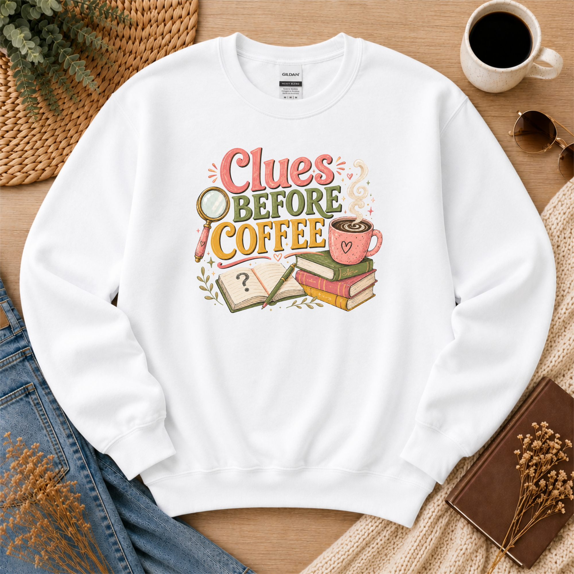 Clues Before Coffee Sweatshirt, Mystery Reader Sweatshirt, Cozy Mystery Gift, Book Lover Crewneck, Detective Reader Apparel