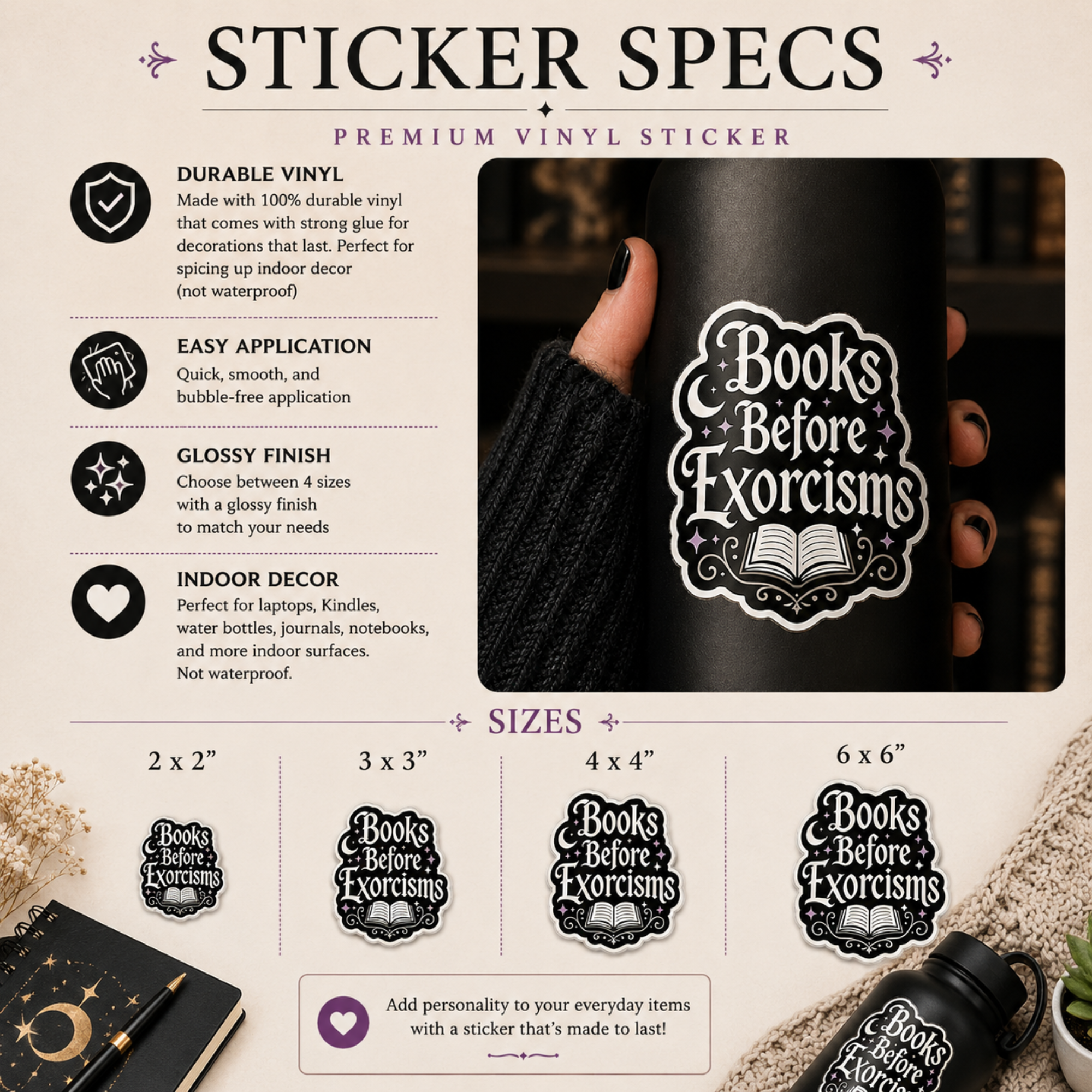 Books Before Exorcisms Sticker, Gothic Bookish Sticker, Horror Reader Gift, Spooky Book Lover Decal, Kindle Laptop Water Bottle Sticker