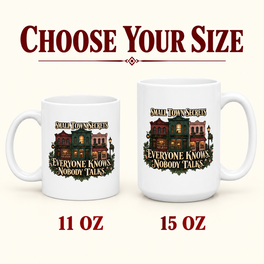 Size comparison showing the Small Town Secrets “Everyone Knows. Nobody Talks.” mug in 11-ounce and 15-ounce options.